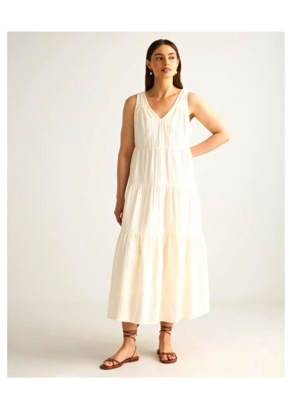 QUINCE 100% COTTON IVORY CREAM SLEEVELESS TIERED MAXI DRESS SIZE LARGE